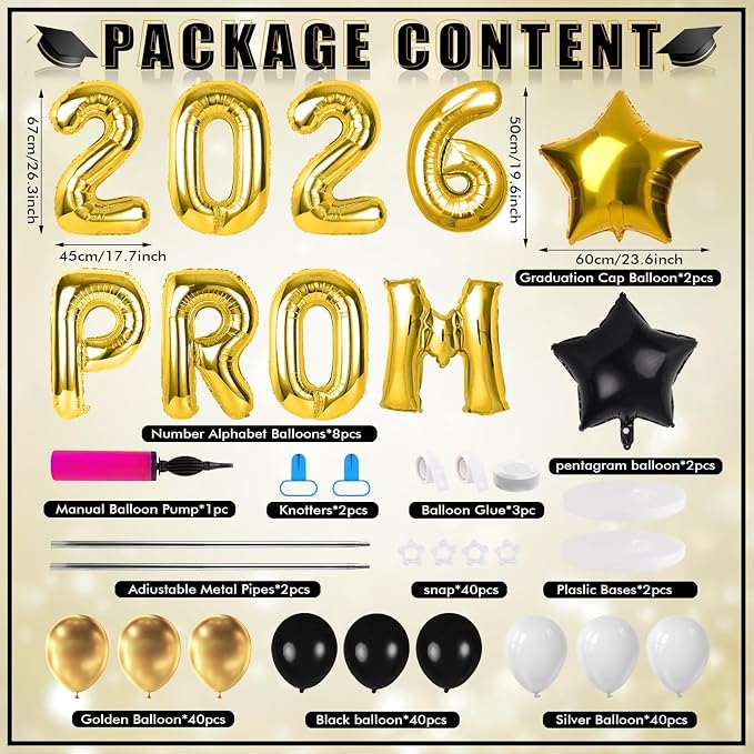 2 Sets Black Gold Balloon Column Stand Kit with Balloons Prom Send off 2026 Prom Themed Decoration Black Gold Balloon Tower Stand for Floor Grad School & College Celebration Party Supplies