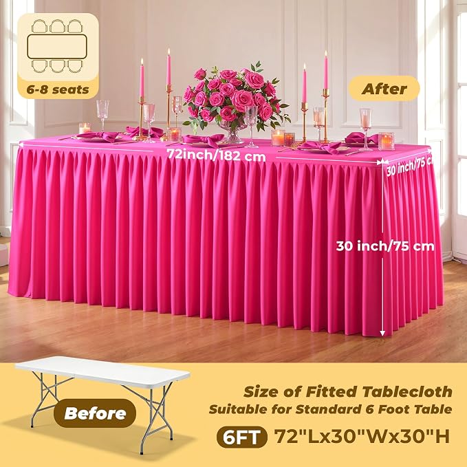 Red Polyester Table Cloths for Rectangle 6 Foot Tables, 6 Pack Wrinkle Free Tablecloths Stretchy Banquet Ruffle Fitted Table Cover Desk Skirt for Parties Wedding Birthday Baby Shower