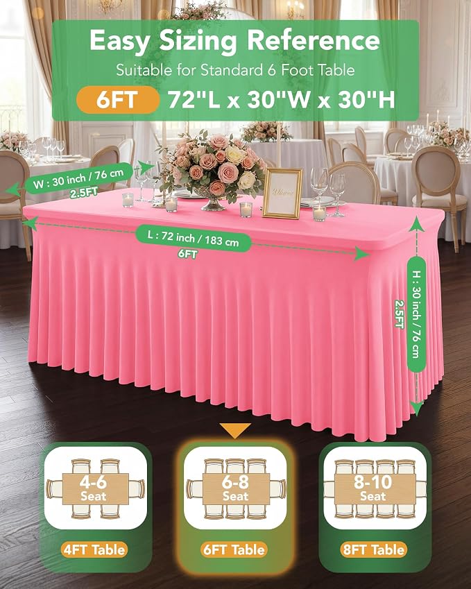 6 Pack Spandex Table Cover Skirts for 6ft Rectangle Tables, Pink Stretch Table Cloths with Floor-Length Ruffle, Elastic Fitted Skirted Tablecloth for Elegant Wedding Banquet Party Buffet Decoration
