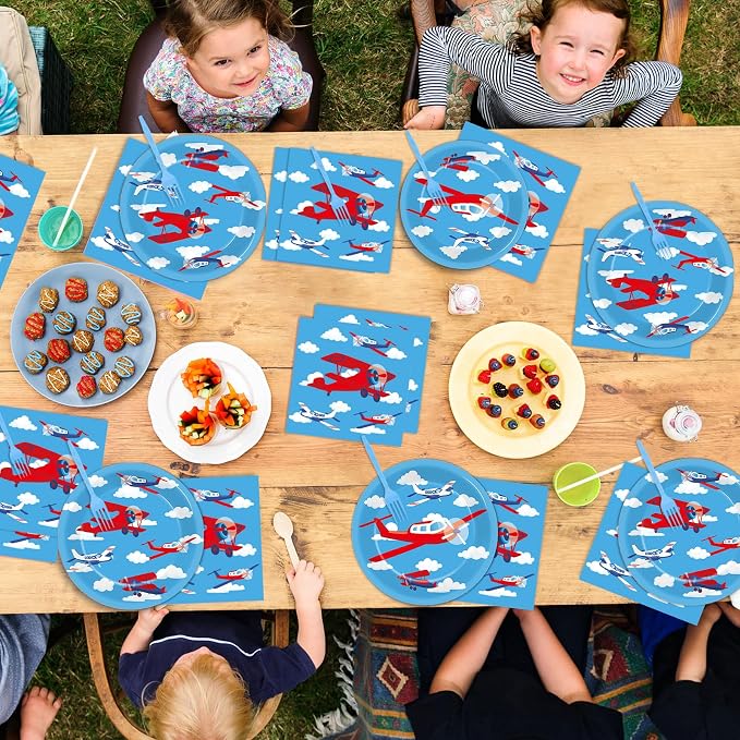 Qyeahkj 50 Guests Airplane Plates and Napkins Party Supplies Plane Party Decorations Disposable Tableware Set Blue Sky Helicopter Paper Cake Dessert Dinnerware Favor for Kids Boys Baby Shower, 200PCS