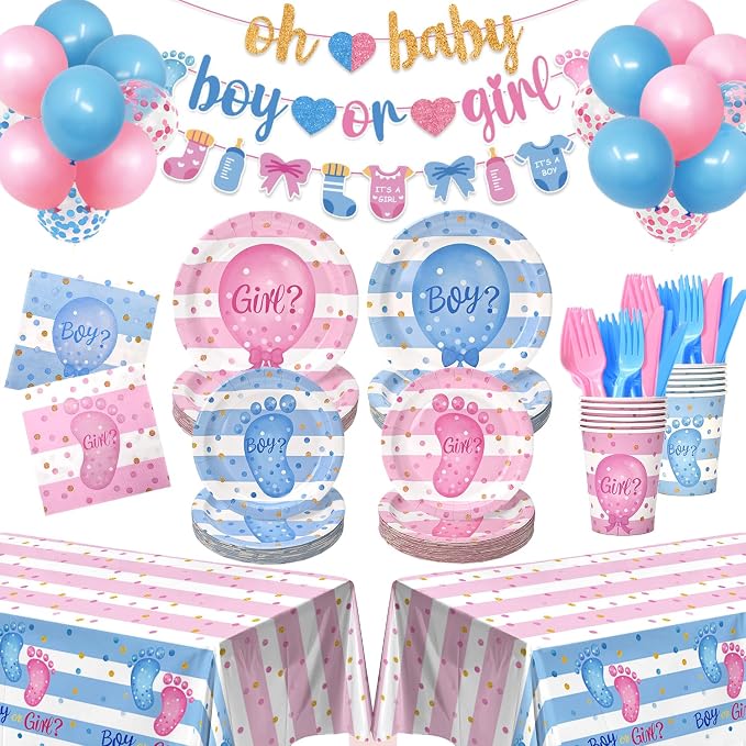 322Pcs Gender Reveal Decorations Kit (Serves 50 Guests) - Girl or Boy Gender Reveal Decorations, Disposable Tableware with Plates & Napkins, Tablecloth, Banner for Baby Shower