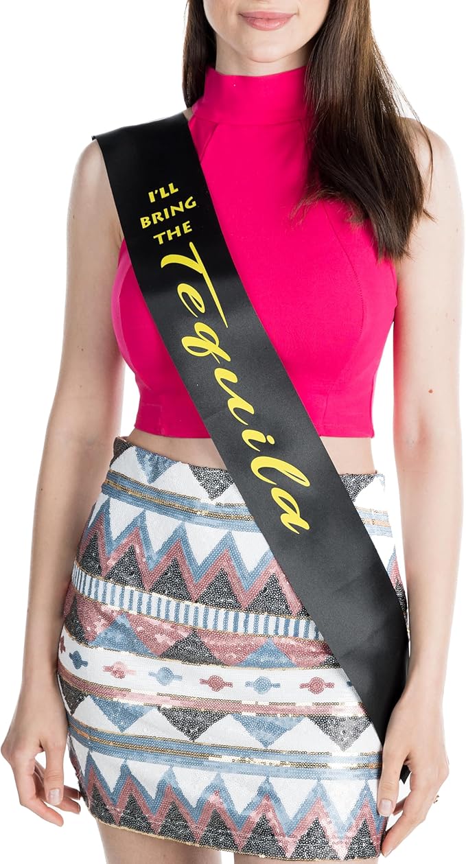 Funky Junque Bridal Sash Bachelorette Party Bridal Shower Gift - I'll Bring The - Tequila (Black/Neon Yellow)