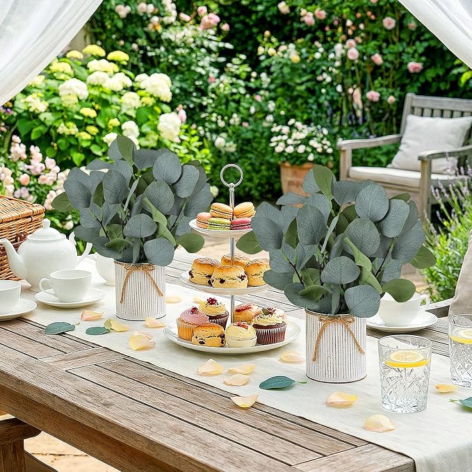 Eucalyptus Table Centerpieces - Set of 6 Artificial Greenery Plants with Farmhouse Metal Vase for Home Kitchen Decorations