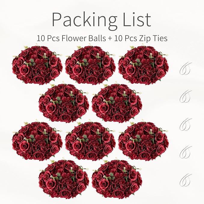 Red Roses Flowers Balls for Centerpieces: 10 PCS 15.7" Diam Flower Centerpieces for Tables in Wedding Reception Decorations Arrangement for Party Celebration Planners