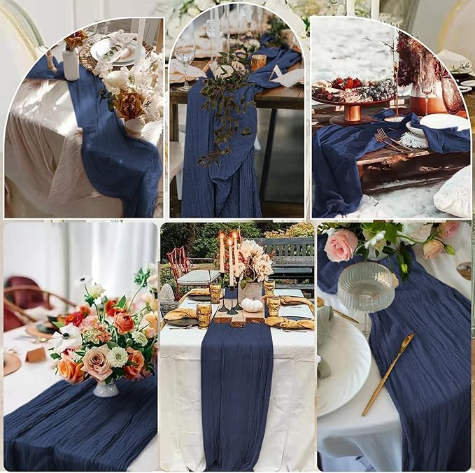 10 Pcs Navy Blue Cheesecloth Table Runner 10FT, Gauze Table Runner for Wedding Reception Sheer Bridal Shower Birthday Party Boho Table Decoration, Rustic Romantic Wedding Runner