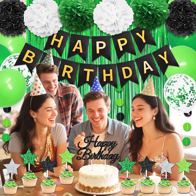 Green and Black Birthday Decorations, 50PCS Happy Birthday Decorations for Men with Banner Balloons Sash Foil Fringe Curtain Paper Pompoms, Green Party Decoration Party Supplies for Mens Boys Kids