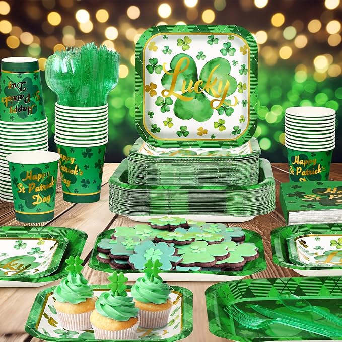 400 Pcs St Patrick Day Shamrock Lucky Clover Plaid Green Tableware Set Paper Plate Napkin Cup Plastic Knife Fork Spoon Waterproof Disposable for 50 Guest Irish Holiday Party Family Decoration