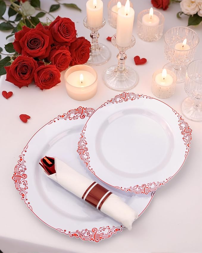 Nervure 175PCS Red Plastic Plates - White Red Plastic Dinnerware Sets for 25 Guests - 50 Red Disposable Plates, 25 Pre Rolled Cutlery Set, 25 Cups Perfect for Wedding, Party & Mother's Day