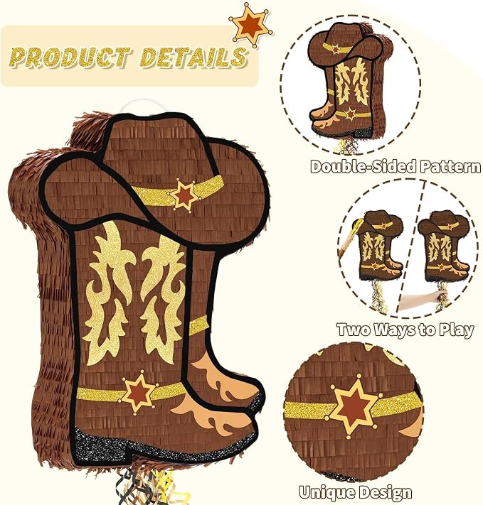 WERNNSAI Western Cowgirl Boot Piñata - Cowboy Hat Piñata Game Western World Theme Party Decorations for Adults Kids Birthday Farm Horse Rodeo Party Supplies with Bat Blindfold