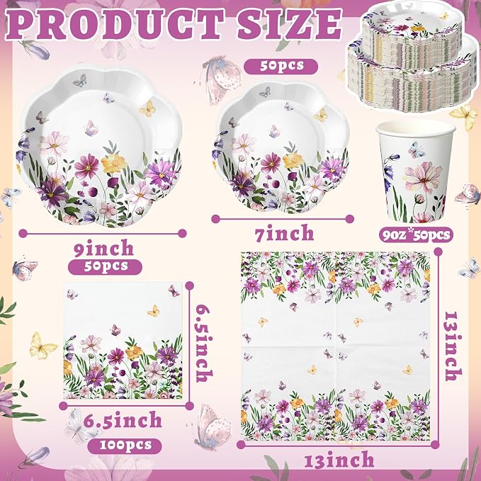 Newtay 250 Pcs Wildflower Disposable Plates and Napkins Floral Paper Tableware Set for 50 Guests Paper Plates Napkins Cups for Baby Shower Wedding Birthday Party Supplies