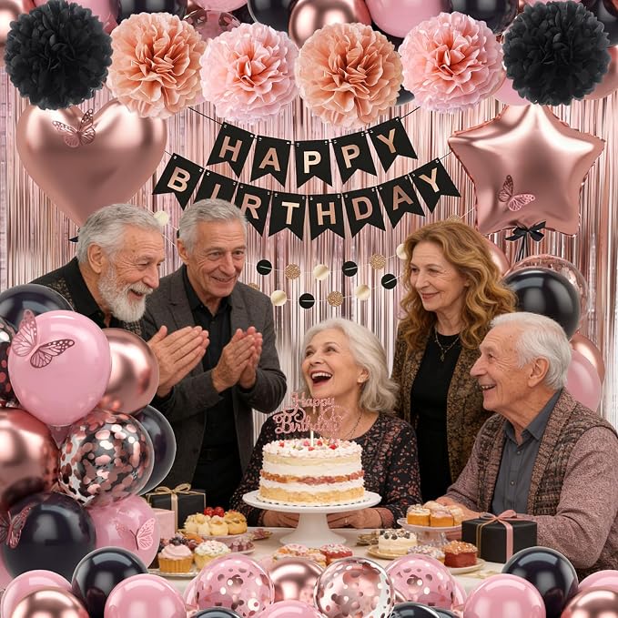 Rose Gold Black Birthday Party Decorations 12INCH Black Pink Rose Confetti Balloon Happy Birthday Banner Cake Topper Fringe Curtain Paper Pom Poms Butterfly Sticker 18INCH Heart Star Foil Girls Women