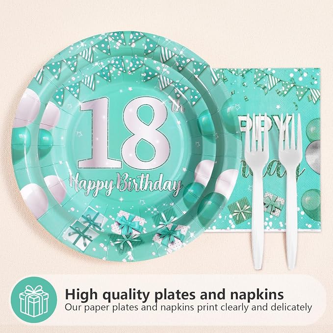 96Pcs Teal and Silver 18th Birthday Party Supplies, Serves 24 | Teal Plates and Napkins Tableware Sets Eighteen Party Decorations for Teens Boys and Girls 18 Years Old Birthday Supplies