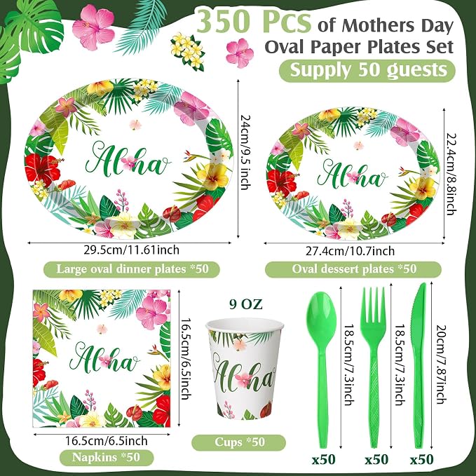 Pajean 350 Pcs Summer Hawaiian Party Supplies Luau Oval Plates and Napkins Set Palm Leaf Aloha 12 in Disposable Tropical Heavy Duty Paper Tableware Set for 50 Guests Summer Luau Beach Party Supplies