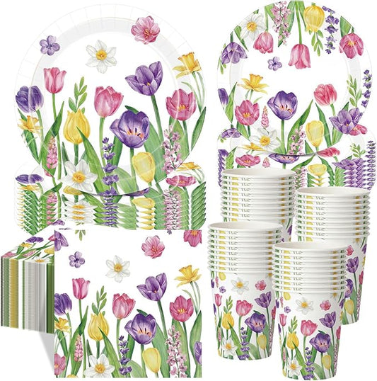 Funnymoom 250 Pcs Tulip Floral Paper Plates and Napkins Spring Party Supplies Flower Disposable Tableware Set for Tulip Easter Spring Wedding Bridal Baby Shower Birthday Tea Party Decoration