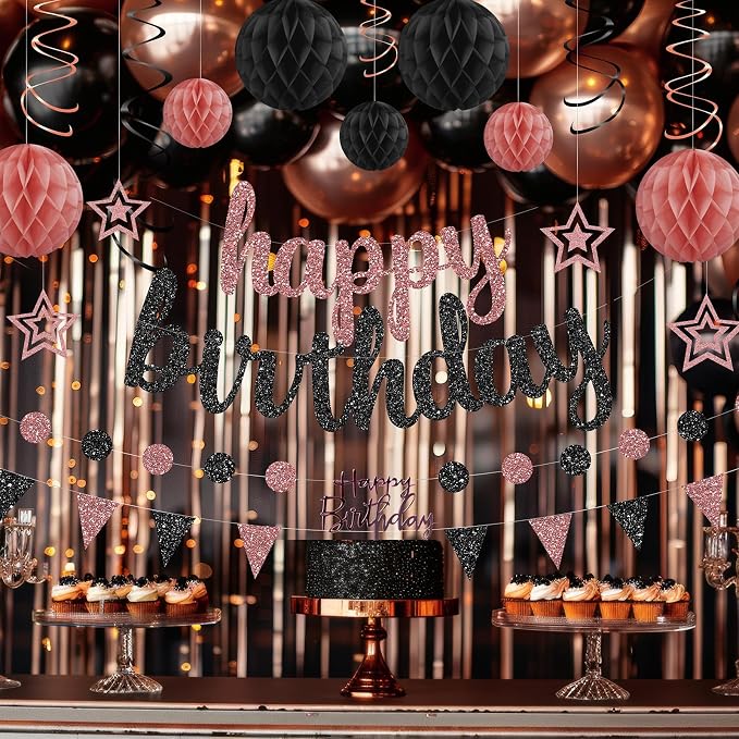 Rose Gold and Black Birthday Party Decorations Set - Happy Birthday Banner Balloons Foil Curtains Hanging Swirls for Women Girls Birthday Party Supplies
