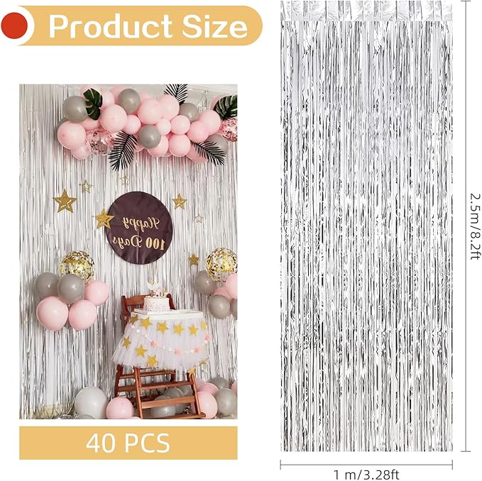 40 Pack Silver Foil Curtain Backdrop Metallic Tinsel Foil Fringe Curtains Photo Booth Props for Birthday Party Decoration Christmas Holiday Halloween New Year Party Supply