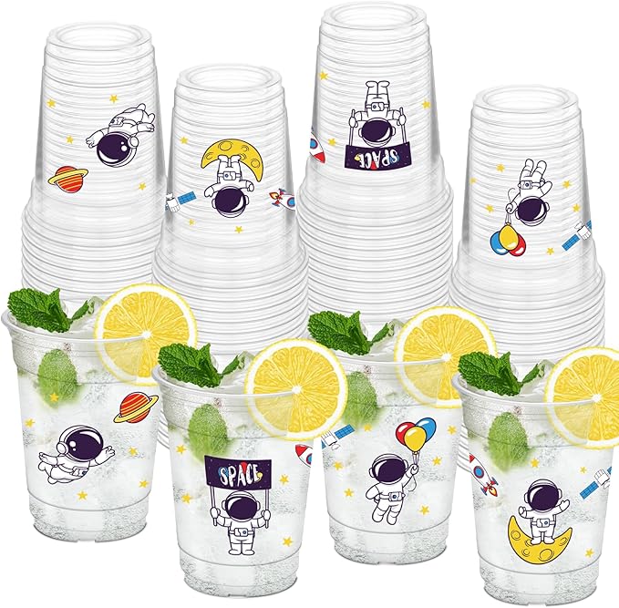 50Pcs Space Party Cups, 12 oz Space Clear Plastic Cups for Outer Spacer Party Decorations Birthday Baby Shower Supplies Favors