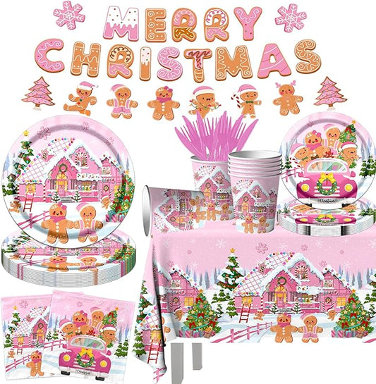 142Pcs Gingerbread Christmas Tableware Party Decorations Gingerbread Man Winter Christmas Holiday Party Supplies Pink Cookie House Family Gathering Disposable Banner,Plates,Napkins and Tablecloth
