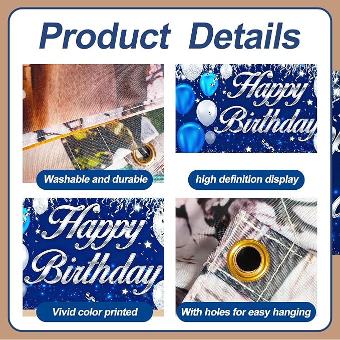 Happy Birthday Garage Door Banner Backdrop 7x16ft Waterproof - Blue&Silver Balloon Banner for Adult Party Decor,Men Women Outdoor Indoor Photo Background