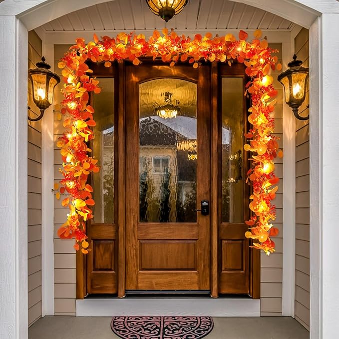 N&T NIETING Fall Eucalyptus Garland, 6FT Artificial Eucalyptus Garland with Lights, Fall Garlands Fall Decorations for Home Thanksgiving Table Fireplace Mantle Party Outdoor(4 Pack)