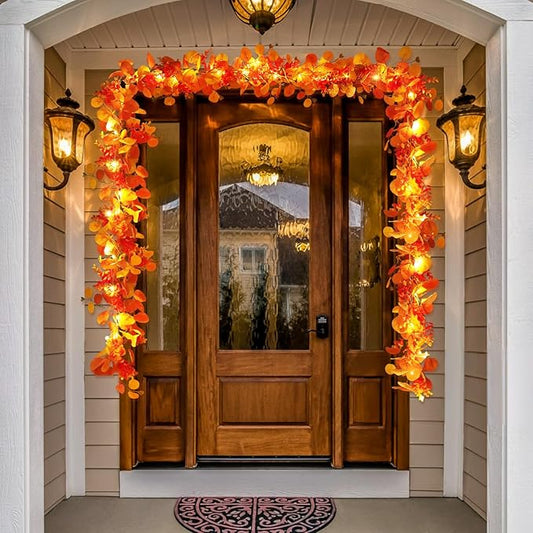 N&T NIETING Fall Eucalyptus Garland, 6FT Artificial Eucalyptus Garland with Lights, Fall Garlands Fall Decorations for Home Thanksgiving Table Fireplace Mantle Party Outdoor(4 Pack)
