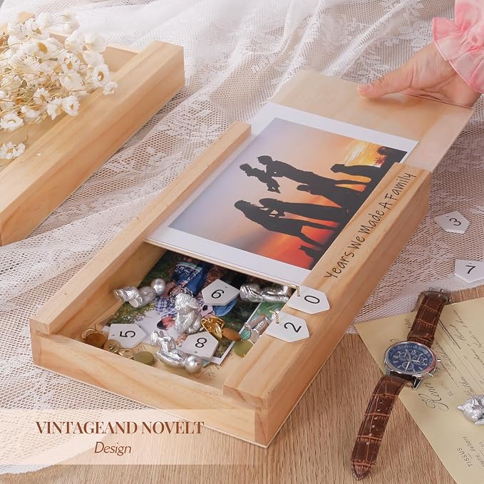Anniversary Keepsake Box with Family Statue- Wooden Picture Frame for Cherished Keepsakes Storage，Anniversary or Wedding Gifts for Her/He (Pine)