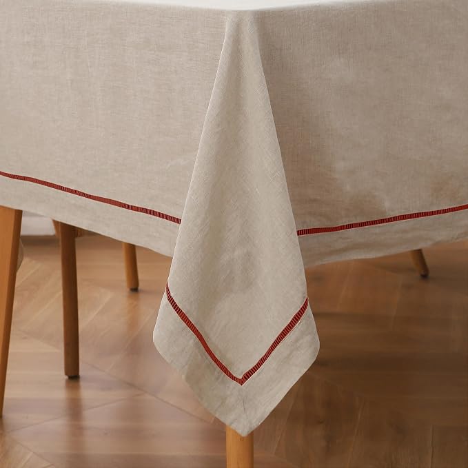 Linen World Hemstitch Linen Tablecloth,100% Natural French Flax,60x120Inch Handcrafted Natural-Rust Linen Table Cloth,Tabletop Decoration,Table Cloths for Kitchen,Dining,Daily Use
