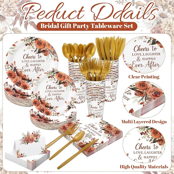 Shellwei 410 Pcs Terracotta Floral Wedding Decorations Fall Paper Plates and Napkins Set Disposable Party Tableware Sets with Cups Knives Forks Spoons Seat Card Favors for 50 Guests