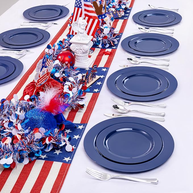 FLOWERCAT 60PCS Blue Plastic Plates - Heavy Duty Blue Plates Disposable (10.25" & 7.5") - serve for 30guest Birthday Party/Wedding/4th of July