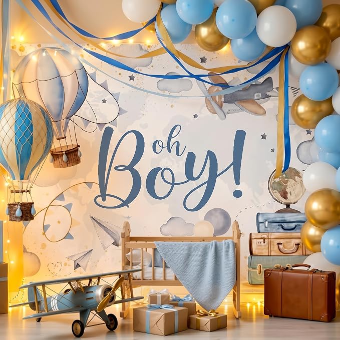 Lofaris 9x6ft Oh Boy Baby Shower Backdrop for Kids Boy Party Decoration Cloud Hot Balloon Adventure Begins Travel Around The World Airplane Up Up and Away Photography Background Banner Photo Booth