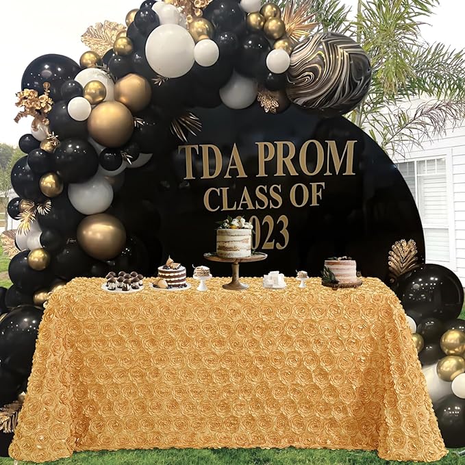 Fanqisi Gold Rosette Table Cloth 90x156 Inches Rectangle Satin Tablecloth Party Table Cover for Party Banquet Birthday Table Wedding Decoration