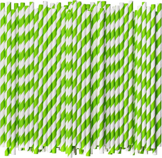 [1000 Count] 7.75 Inch Green/White Striped Paper Drinking Straws Bulk, 100% Biodegradable