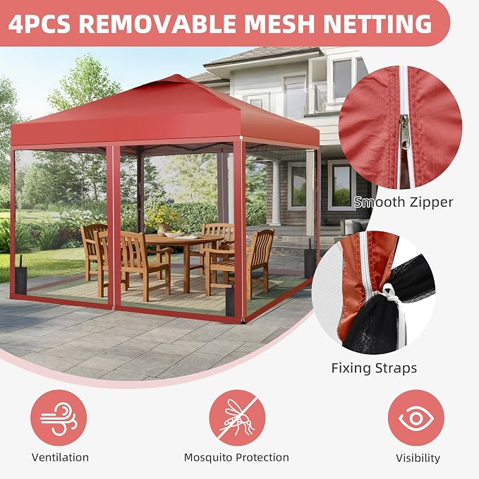 GDY 10x10 Pop up Canopy Tent with Mosquito Netting, Easy up Gazebo for Patio, Camping and Garden, Includes 4 Sandbags, Red