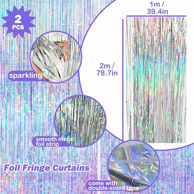 8 PCS Iridescent Disco-Holographic Party Decorations - Love-Heart Garland Streamers Banner, Disposable Laser Tablecloth, Tinsel Foil Fringe Curtains | Birthday, Bachelorette, Engagement, 90s, 80s