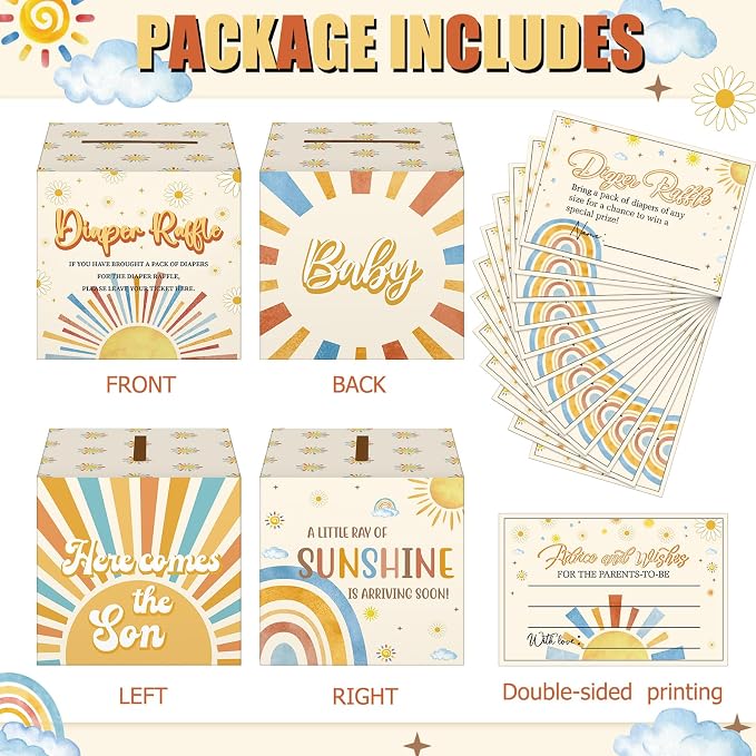 Teling 51 Pieces Diaper Raffle Tickets with Card Box Baby Shower Decorations Baby Shower Holder Box for Girl Boy Diaper Raffle Party(Here Comes the Son)