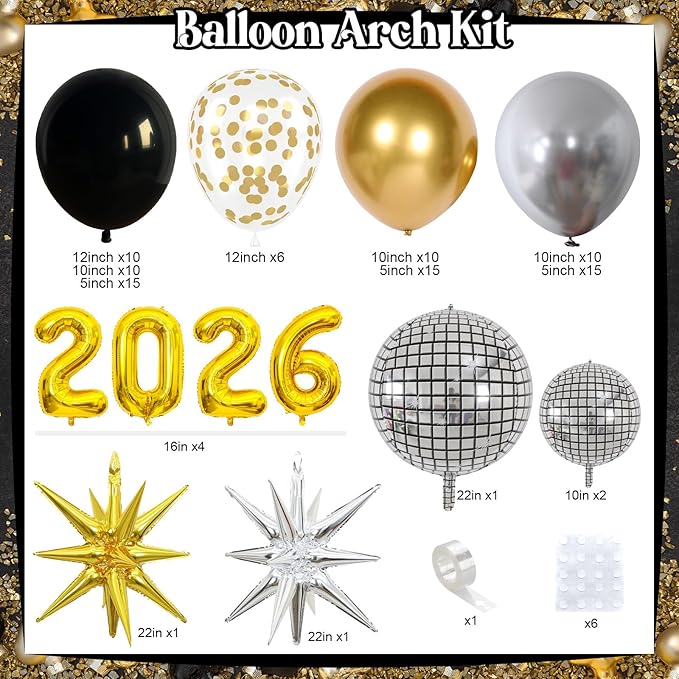 2026 Graduation Balloon Garland Arch Kit, Black Gold Silver Balloon Arch Class of 2026 Graduation Decorations Disco Star Balloons for Grad Celebrations Birthday Party Decorations