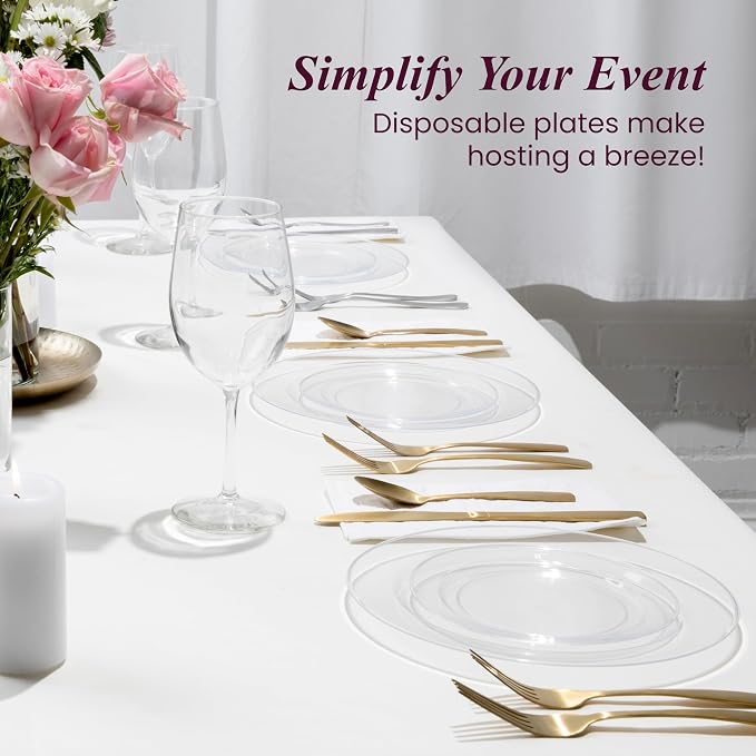 Aya's Cutlery Kingdom 100 Clear Plastic Plates for Party - Heavy Duty Disposable Set of 50 Dinner and 50 Dessert Plates - Elegant Plastic Disposable Plate for Weddings, Parties, and Special Events