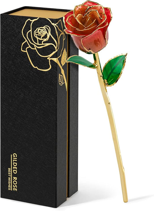 Mikasol Real 24K Gold Dipped Realistic Rose – Timeless Lifelike Bloom with Heart Puzzle Base – Romantic Gradient Orange Flower Gift for Her, Wife, Girlfriend, Mom – Birthday, Anniversary, Mother’s Day