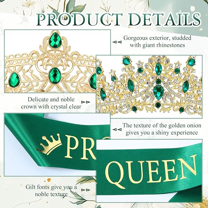 Retrowavy 12 Pcs Prom Crown and Sash Set, Prom King and Queen Tiara Rhinestone Crown Satin Sash for Graduation Party