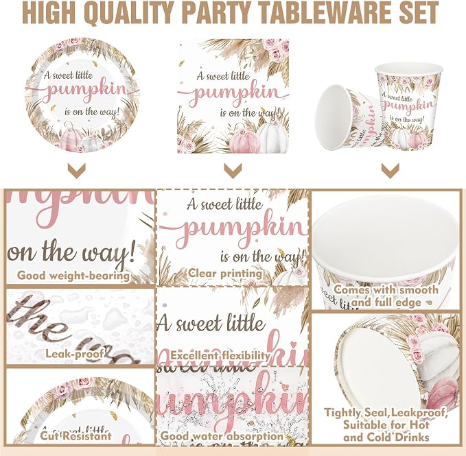 Hushee 200 Pcs Fall Boho Pumpkin Baby Shower Paper Plates Napkins Cups Baby Shower Party Supplies Tableware Set Disposable Cup Napkin for 50 Guest Party Decoration
