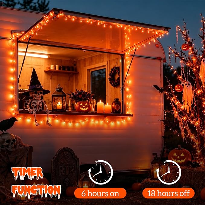 YEGUO Thanksgiving Lights Battery Operated, 2 Pack Each 33ft 100 LED Orange String Lights Outdoor Waterproof, Clear Wire Fairy Christmas Light Indoor with Remote