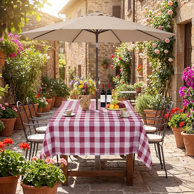 Poise3EHome Rectangle Outdoor Tablecloth with Umbrella Hole and Zipper,Burgundy Gingham 84x60 Inch,SpillProof Washable Table Cloth for Spring Summer Patio Garden Poolside Picnic Camping BBQS