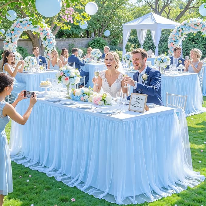 2 Pack Baby Blue Table Cloth for 8 Foot Rectangle Tables, Stretch Fitted Tulle Table Covers Skirt, Rectangular Ruffle Tutu Tablecloth Wedding Baby Shower Baby Shower Cake Tablecloths