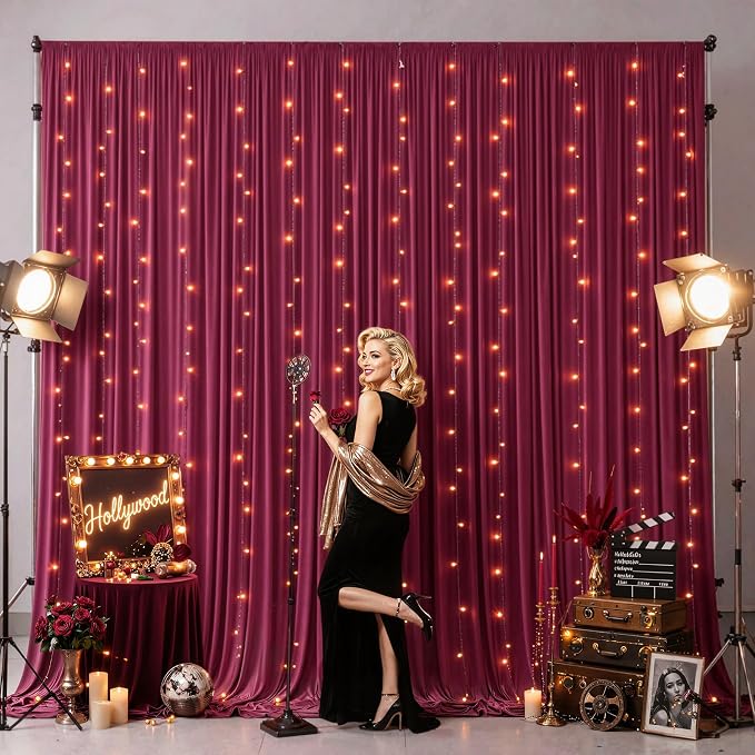 Burgundy Backdrop Curtains with Lights for Parties,20x10FT Wrinkle Free Wedding Photo Backdrop Curatin Drapes Fabric for Baby Shower Birthday Ceremony Reception Home Party Decorations