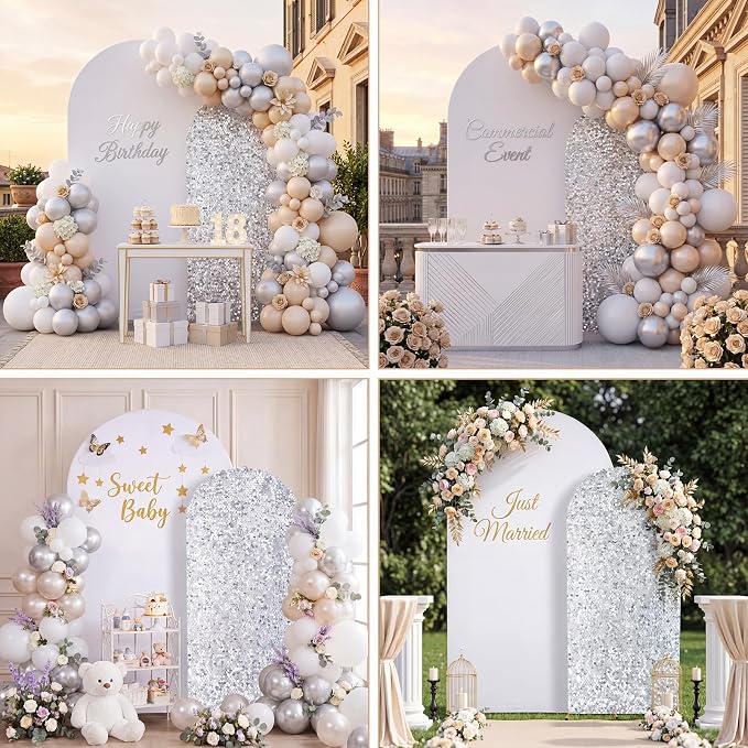 White and Silver Arch Covers 7.2 and 6FT Sequin Arch Backdrop Cover Set of 2, Spandex Fitted Bling Sequin Arch Stand Covers for Birthday Party Ceremony Baby Shower Banquet Decoration