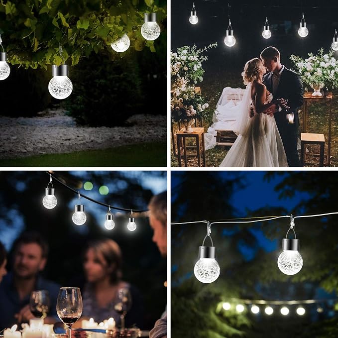PARTPHONER 12 Pack Hanging Solar Lights Outdoor, Waterproof Solar Globe Lantern with Handle and Clip, Decorative Cracked Glass Ball Lights for Christmas Decor, Tree, Yard, Garden, Patio (Cold White)
