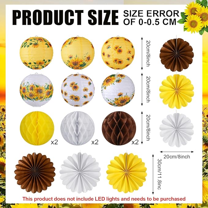 Raiten 18 Pcs Sunflower Party Decorations Kit Summer Hanging Paper Lanterns Yellow White Brown Sunflower Hanging Paper Fan Honeycomb Ball for Wedding Party Baby Shower