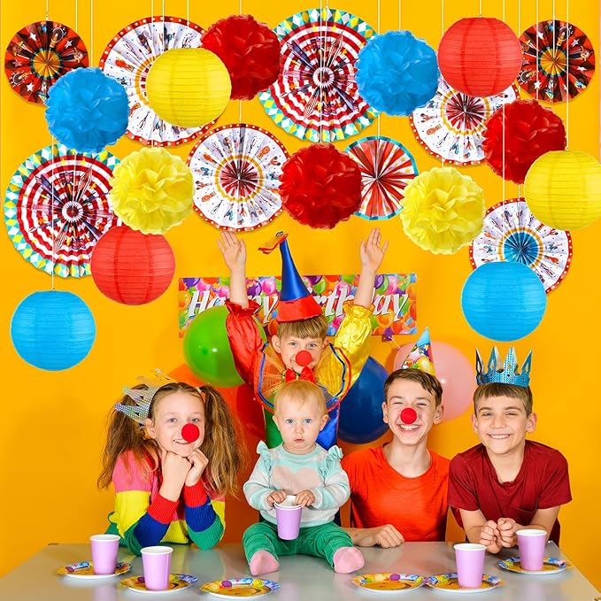 Outus 21 Pcs Carnival Party Decorations with Circus Hanging Paper Lanterns Fans Red Yellow Blue Paper Pom Poms Tissue Flowers for Carnival Circus Birthday Baby Shower Party Favors Supplies