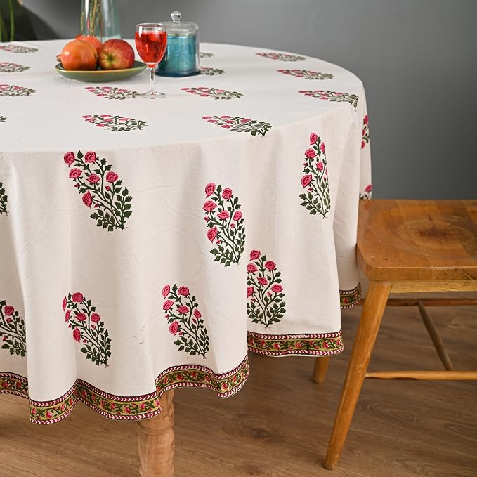 Hand Block Printed Tablecloth – Colorful Floral Print | 100% Cotton | Indian Artisan Handmade Art | Dining Room, Kitchen, Outdoor Décor, (Soft Petal Glow, 6 Seater 72 Inches Round)