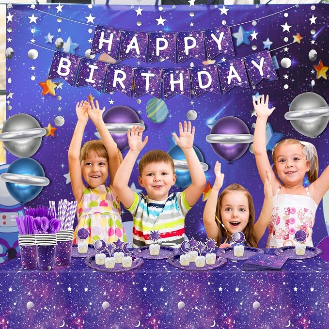 Space Galaxy Party Supplies Tableware Set, Includes Banner, Plates, Cupcake Topper Napkins, Cups,Tablecloth, Balloons, Foil Balloons, for 20 Guests Galaxy Outer Space Theme Birthday Party Decoration